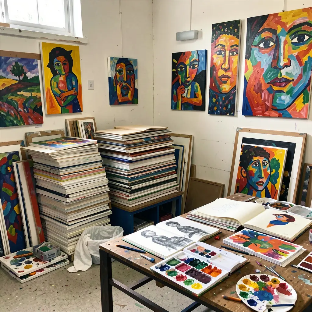 Interior of art studio with colorful artwork and supplies